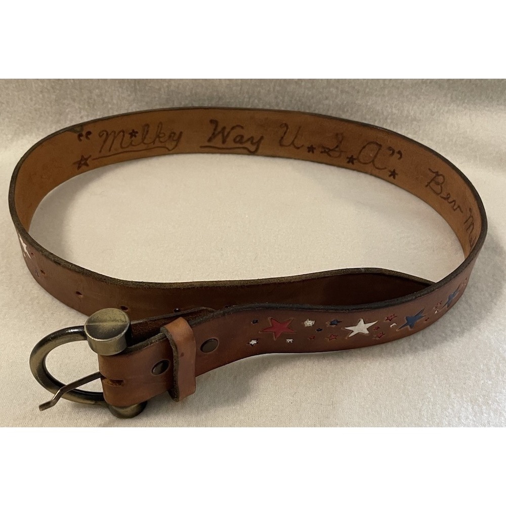 Tooled Leather Belt Red White & Blue Stars Western Cowgirl Brown Vtg 27-31.5"